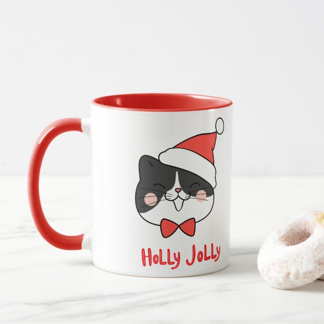 Holly Jolly Cute Kawaii Santa Cat jul Mugg (Med munk)