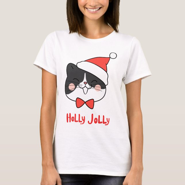 Holly Jolly Cute Kawaii Santa Cat T Shirt (Framsida)