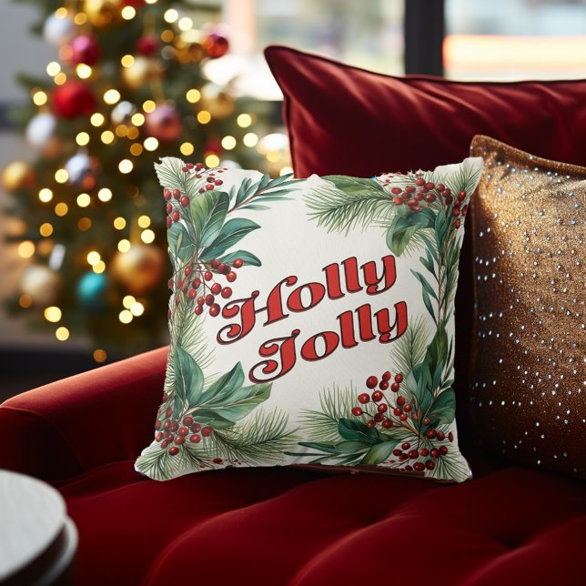 "Holly Jolly" dekorativa julskript och Holly Kudde (Traditional Christmas Decor Festive "Holly Jolly" Pine and Holly Decorative Christmas Throw Pillow)