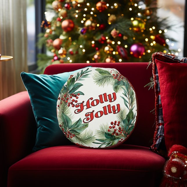 "Holly Jolly" dekorativa julskript och Holly Rund Kudde (Festive Merry Christmas "Holly Jolly" Round Christmas Script Pouf Pillow
)
