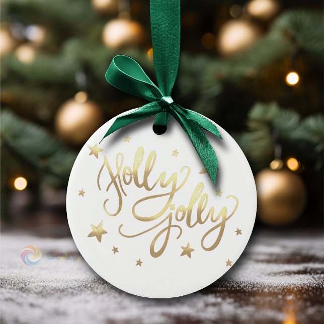 Holly Jolly | Elegant Guld Faux Foil Script Julgransprydnad Keramik (Skapare uppladdad)