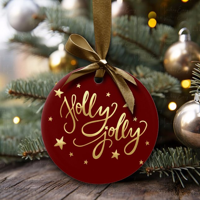 Holly Jolly | Elegant Guld Faux Foil Script Julgransprydnad Keramik (Skapare uppladdad)