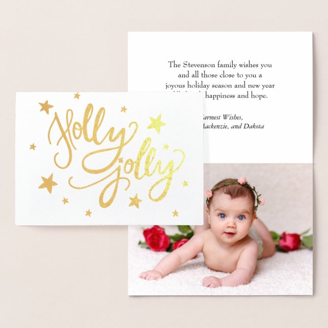 Holly Jolly | Elegant Guld Faux Foil Script Photo Folierat Kort (Display)