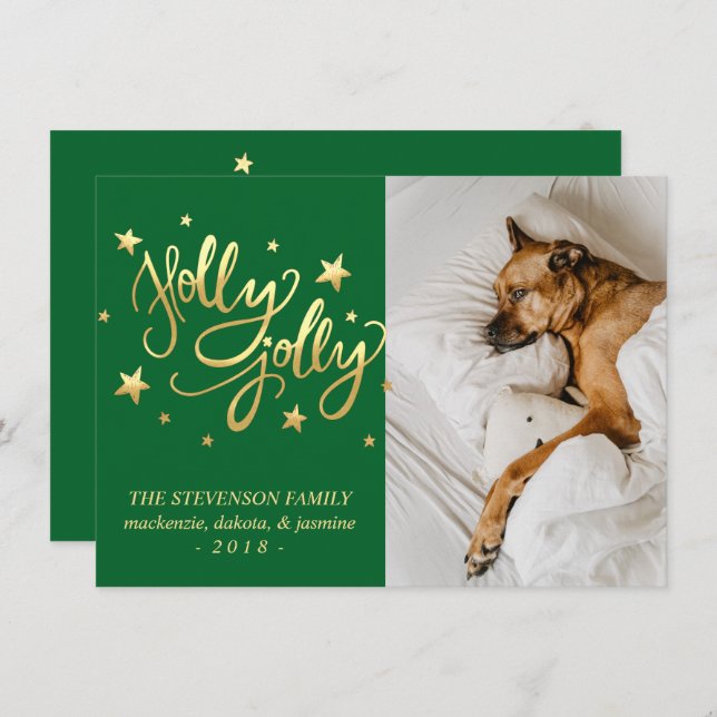 Holly Jolly | Elegant Guld Faux Foil Script Photo Julkort (Fram/baksida)