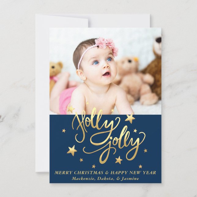 Holly Jolly | Elegant Guld Faux Foil Script Photo Julkort (Framsida)
