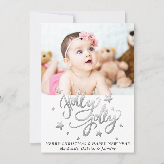 Holly Jolly | Elegant Silver Faux Foil Photo Julkort (Framsida)