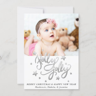 Holly Jolly Elegant Silver Faux Foil Photo Julkort