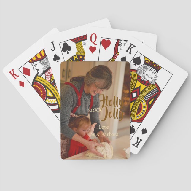 Holly Jolly family holiday photo beige year naboho Casinokort (Baksidan)