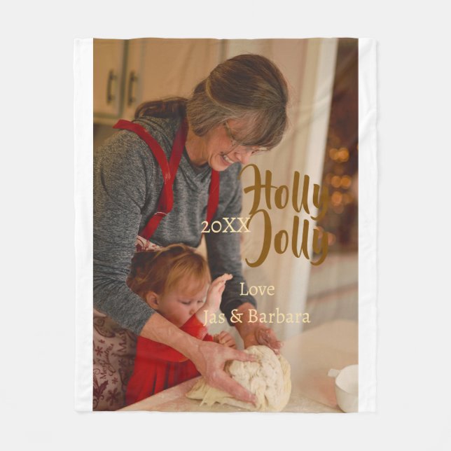 Holly Jolly family holiday photo beige year naboho Fleecefilt (Framsidan)
