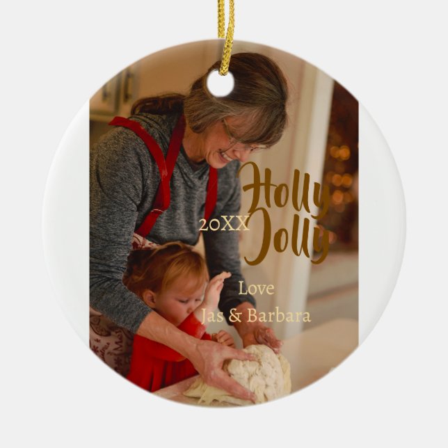 Holly Jolly family holiday photo beige year naboho Julgransprydnad Keramik (Framsidan)