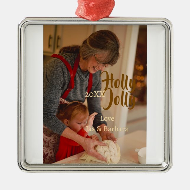 Holly Jolly family holiday photo beige year naboho Julgransprydnad Metall (Framsidan)