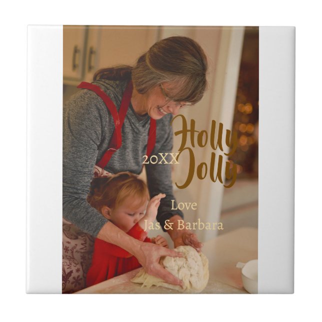 Holly Jolly family holiday photo beige year naboho Kakelplatta (Framsidan)