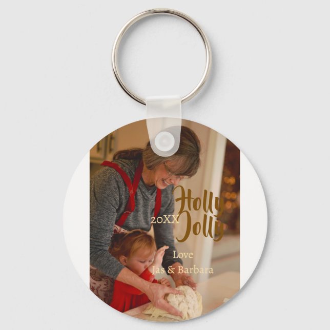 Holly Jolly family holiday photo beige year naboho Nyckelring (Framsida)