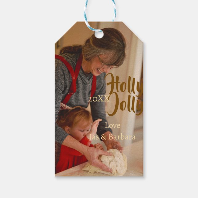 Holly Jolly family holiday photo beige year naboho Presentetikett (Framsidan)