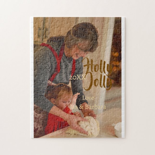 Holly Jolly family holiday photo beige year naboho Pussel (Vertikal)