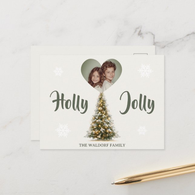 Holly Jolly Family Photo | Custom Holiday Card Vykort (Fram/Back In Situ)