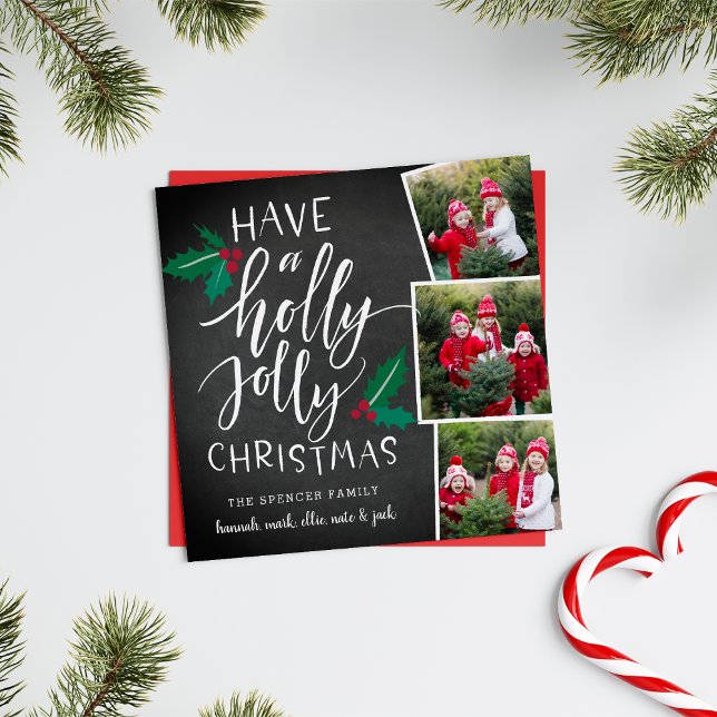 Holly Jolly | Fyrkantigt Helgdag-fotosamlingskort Julkort (A 3 photo holiday card with rustic appeal in a classic Christmas color palette.)