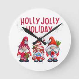 Holly Jolly Helgdag Gnomes Whimsical jul Rund Klocka