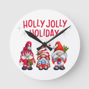 Holly Jolly Helgdag Gnomes Whimsical jul Rund Klocka