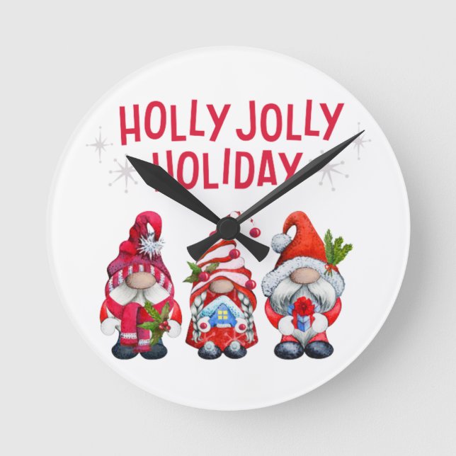 Holly Jolly Helgdag Gnomes Whimsical jul Rund Klocka (Framsida)