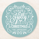 Holly Jolly jul Chalk Art Julfest Blue Underlägg Papper Rund<br><div class="desc">Ha en holly Jolly Juldag-julfest anpassningsbar papper underlägg. Festiv och populär juldesign med Helgdag i stil. Vitaktig kalkbräda stil snabbt ram med vit kritkonstypografi på fuktig vinterblå bakgrund och trendig återblandning av handskrivet stilar, dekorerad med frostigt blad och klövar. Lägg till din egen personlig hälsning eller namn för att skapa...</div>