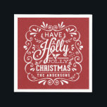 Holly Jolly jul Chalk Art Red Pappra Napkins Pappersservett<br><div class="desc">Festiv och populär Helgdag-formgivning för hälsningskort och inbjudningar till säsong-partier. Krita stil snabbt ram med vit kritkonstypografi och trendig återblandning av handskrivet stilar, dekorerad med frostigt blad och hullbär. Lägg till namn eller anpassningsbar för att skapa ett unikt keepsakemento för personlig som ska anges på julfesten bord. Perfekt för festande....</div>