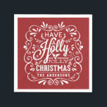Holly Jolly jul Chalk Art Red Pappra Napkins Pappersservett<br><div class="desc">Festiv och populär Helgdag-formgivning för hälsningskort och inbjudningar till säsong-partier. Krita stil snabbt ram med vit kritkonstypografi och trendig återblandning av handskrivet stilar, dekorerad med frostigt blad och hullbär. Lägg till namn eller anpassningsbar för att skapa ett unikt keepsakemento för personlig som ska anges på julfesten bord. Perfekt för festande....</div>
