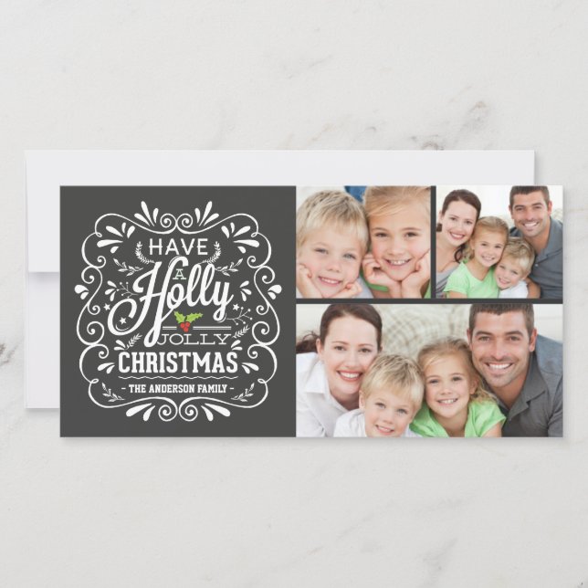 Holly Jolly Jul Chalkboard 3-Photo Collage Julkort (Framsida)