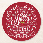Holly Jolly jul Chalkboard Julfest Red Underlägg Papper Rund<br><div class="desc">Ha en holly Jolly Juldag-julfest anpassningsbar papper underlägg. Festiv och populär juldesign med Helgdag i stil. Vitaktig krita stil snabbt ram med vit kritkonstypografi på fuktig röd bakgrund och trendig återblandning av handskrivet stilar, dekorerad med frostigt blad och grå bär. Lägg till din egen personlig hälsning eller namn för att...</div>
