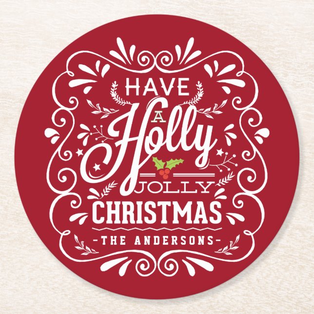Holly Jolly jul Chalkboard Julfest Red Underlägg Papper Rund (Framsidan)