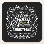 Holly Jolly Jul Chalkboard Julfest Underlägg Papper Kvadrat<br><div class="desc">Ha en holly Jolly Juldag-julfest anpassningsbar papper underlägg. Festiv och populär juldesign med Helgdag i stil. Vitaktig krita stil snabbt ram med vit kritkonstypografi på svarta bordsbakgrunden och retro blandning av handskrivet stilar, dekorerad med frostigt löv och grodhallon. Lägg till din egen personlig hälsning eller namn för att skapa ett...</div>