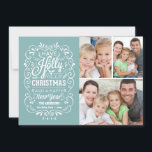 Holly Jolly Jul Helgdag Photo Collage - Blue Julkort<br><div class="desc">Fotografimall för julhälsningar på platta trendig på julklappar är färdigt och finare. Typografi av stil i schalkboard med återblandning av handskrivet stilar, dekorerad med snabbt ram, vinter-blad och hullbär. Lägg till foto för din favoritfamilj och anpassa helgdag. Modern väg att skicka semesterhälsningar i lycklig till alla dina vänner och nära...</div>