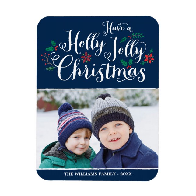 Holly Jolly jul Navy Blue Helgdag Photo Magnet (Vertikal)