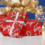 Holly Jolly jul Red Candy cane Guld Bows Presentpapper<br><div class="desc">Holly Jolly Finare Script,  jul Candy cane,  Guld Bows,  Illustration Mönster Red Wrapping Papper.</div>