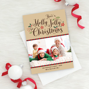 Holly Jolly jul Rustic Tan Photo Julkort