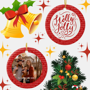 Holly Jolly Jul Script Family Photo Red Julgransprydnad Keramik