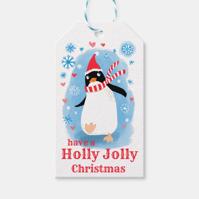 Holly jolly Jul, söt penguin med kärlek från: Presentetikett (Framsidan)