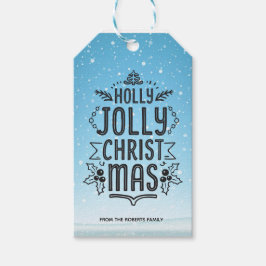 Holly Jolly jul Typography Blue Snö Anpassningsbar Presentetikett