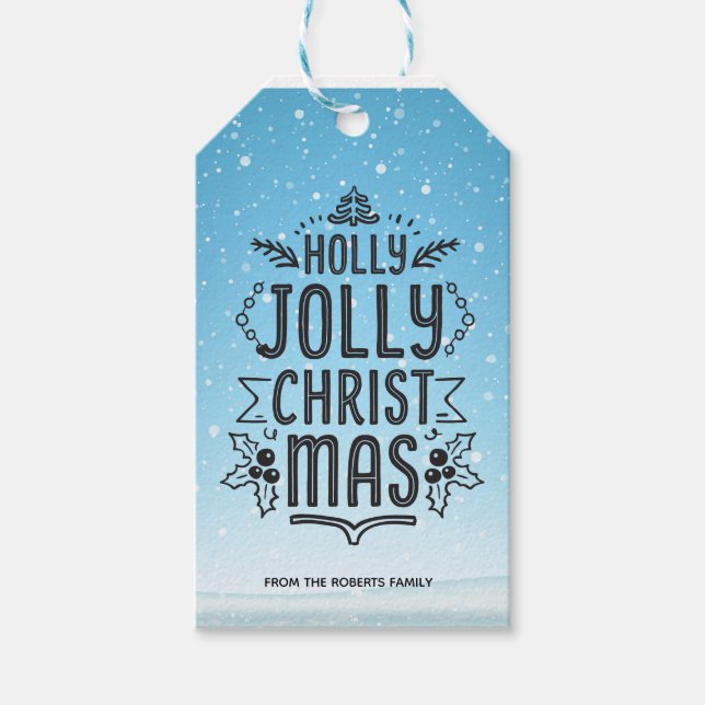Holly Jolly jul Typography Blue Snö Anpassningsbar Presentetikett (Framsidan)