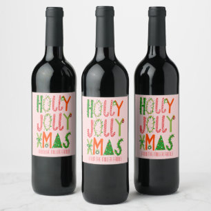 HOLLY JOLLY JULAFTON Helgdag-ANPASSNINGSBARNA Vinflaska Etikett