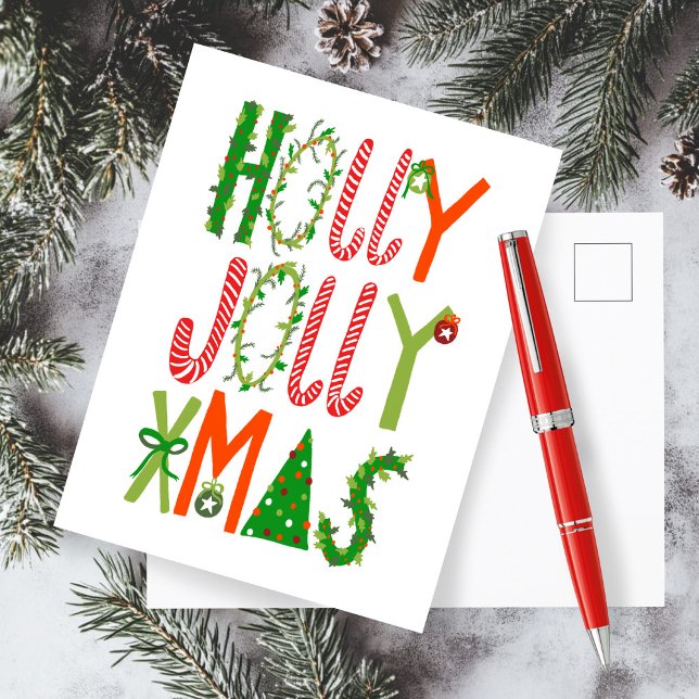 HOLLY JOLLY JULAFTON Lettering Helgdag jul Vykort (HOLLY JOLLY XMAS Handlettering Illustration Sweet Holiday Christmas Postcard
)
