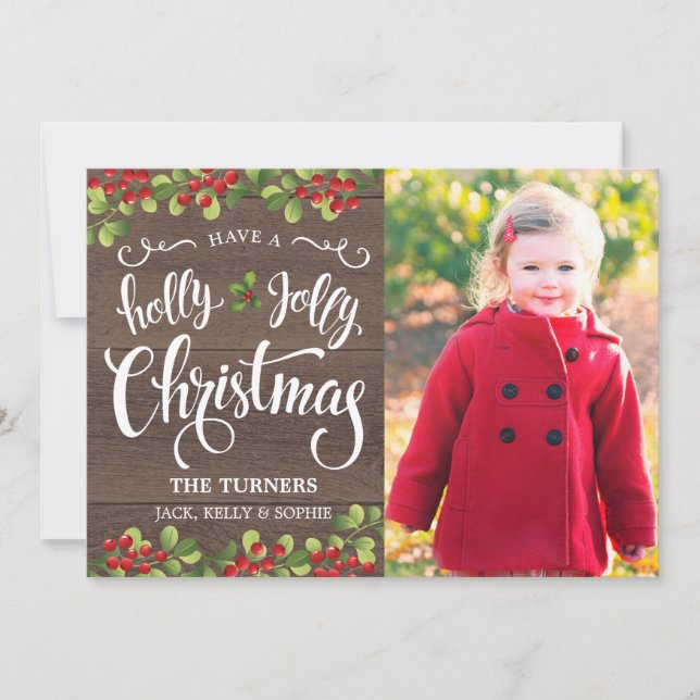 Holly Jolly-julskript - Rustic Woodgrain Julkort (Framsida)