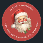 Holly Jolly Jultomten Retro jul Adress Runt Klistermärke<br><div class="desc">Adress-klistermärken med en glatt illustration av en vintage stil Jultomten med röda rosyskon och med sin klassiska rödtomhatt och sin stora vita björn. En snårskog bidrar till den festliga helgdag i denna utformning.</div>