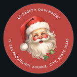 Holly Jolly Jultomten Retro jul Adress Runt Klistermärke<br><div class="desc">Adress-klistermärken med en glatt illustration av en vintage stil Jultomten med röda rosyskon och med sin klassiska rödtomhatt och sin stora vita björn. En snårskog bidrar till den festliga helgdag i denna utformning.</div>