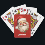 Holly Jolly Jultomten Retro jul Casinokort<br><div class="desc">Spelkort med en glatt illustration av en vintage stil Jultomten med röda rosyskon och med sin klassiska rödtomhatt och sin stora vita björn. En snårskog bidrar till den festliga helgdag i denna utformning.</div>