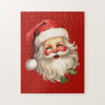 Holly Jolly Jultomten Retro jul Pussel<br><div class="desc">Ett pussel med en glatt illustration av en vintage stil Jultomten med röda rosyskon och med sin klassiska rödtomhatt och sin stora vita björn. En snårskog bidrar till den festliga helgdag i denna utformning.</div>
