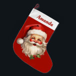 Holly Jolly Jultomten Retro jul Stor Julstrumpa<br><div class="desc">I personlig är det en glatt illustration av en vintage stil Jultomten med röda rosyskon. Hans klassiska röda julhatt och hans stora vita skägg. En snårskog bidrar till den festliga helgdag i denna utformning.</div>