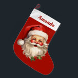 Holly Jolly Jultomten Retro jul Stor Julstrumpa<br><div class="desc">I personlig är det en glatt illustration av en vintage stil Jultomten med röda rosyskon. Hans klassiska röda julhatt och hans stora vita skägg. En snårskog bidrar till den festliga helgdag i denna utformning.</div>