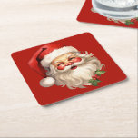Holly Jolly Jultomten Retro jul Underlägg Papper Kvadrat<br><div class="desc">Pappra (sturdy pulpboard) underlägg med en glatt illustration av en vintage stil Jultomten med röda rosyskon. Han bär sin klassiska rödtomhatt och sin stora vita björn. En snårskog bidrar till den festliga helgdag i denna utformning.</div>