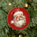 Holly Jolly Jultomten Retro Stil jul Julgransprydnad Keramik<br><div class="desc">Ett prydnadsföremål med en glatt illustration av en vintage stil Jultomten med röda rosyskon och med sin klassiska rödtomhatt och sin stora vita björn. En snårskog bidrar till den festliga helgdag i denna utformning.</div>